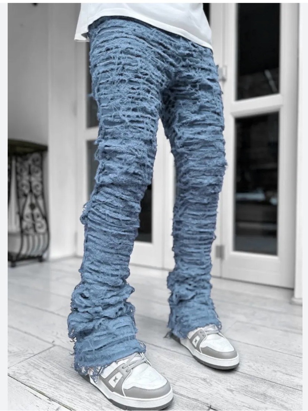 Guapi Aaron Wilhelm Men’s Distressed Stacked Shredded Fringe Flare Jeans